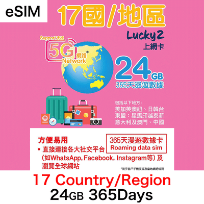 【Lucky2 eSIM】17國/地區 365日24GB 免費送5GB香港本地數據!5G/4G 旅遊數據卡