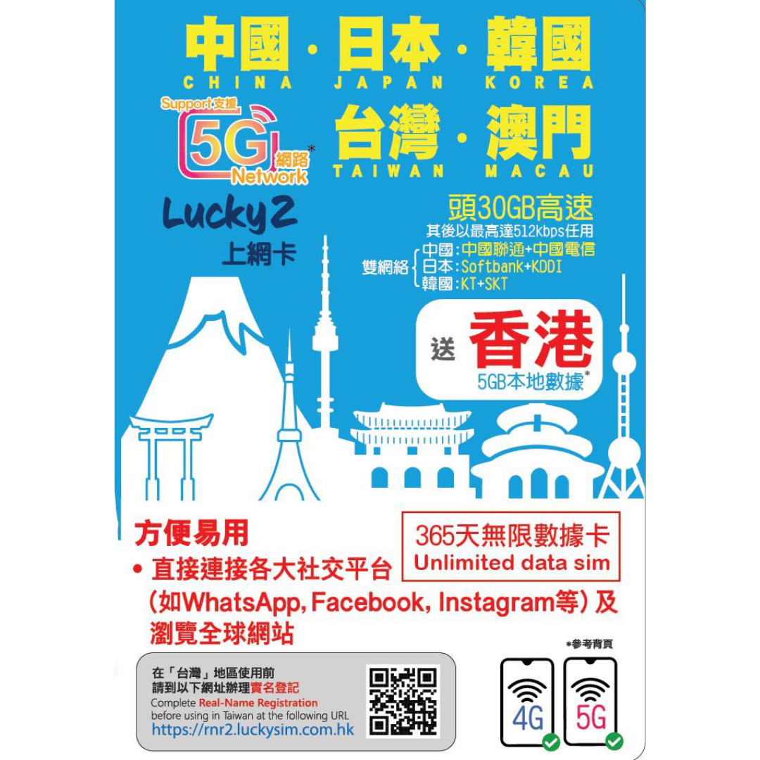 【Lucky2 eSIM】China, Japan, South Korea, Taiwan, Macau 365 days 30GB then downgraded to 512K unlimited Internet data card Sim card travel data card