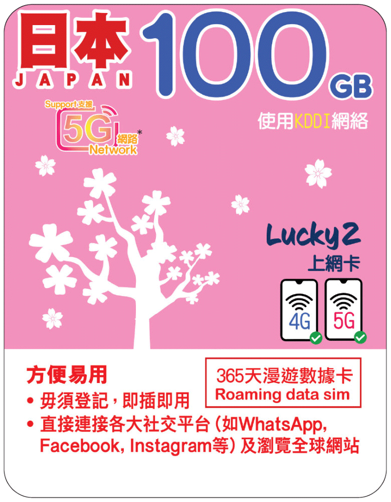 【Lucky2 eSIM】日本 365天 100GB數據卡 5G高速流量 (KDDI 網絡)