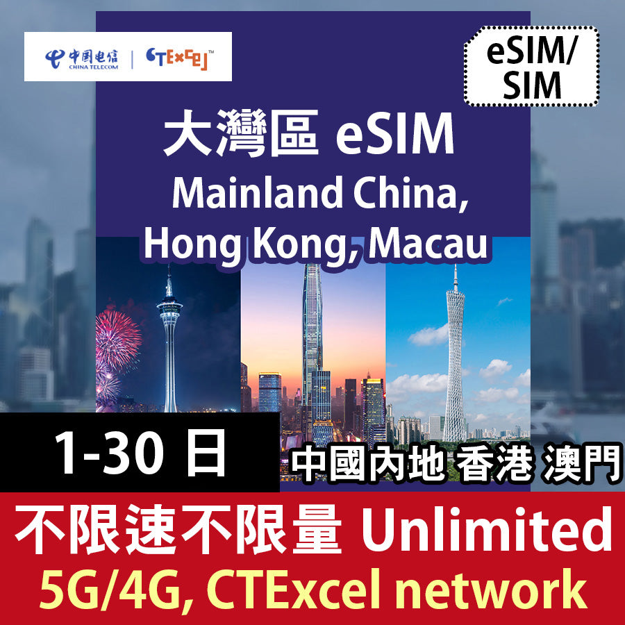 【中港澳不限速不限量】全日高速無限數據 最長1-30日 5G流量卡 SIM卡/eSIM (中國電信香港 CTExcel)