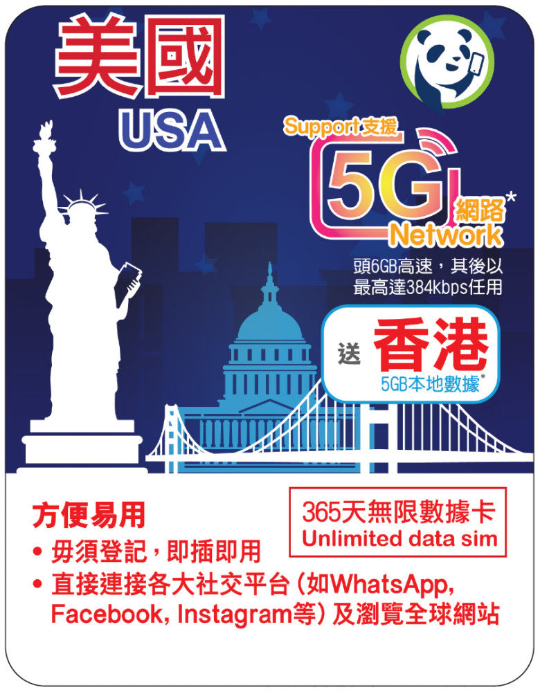 【Lucky2 eSIM】美國365日 6GB數據卡 頭6GB其後384Kbps無限數據 + 香港5GB數據卡 5G上網卡 旅遊數據卡