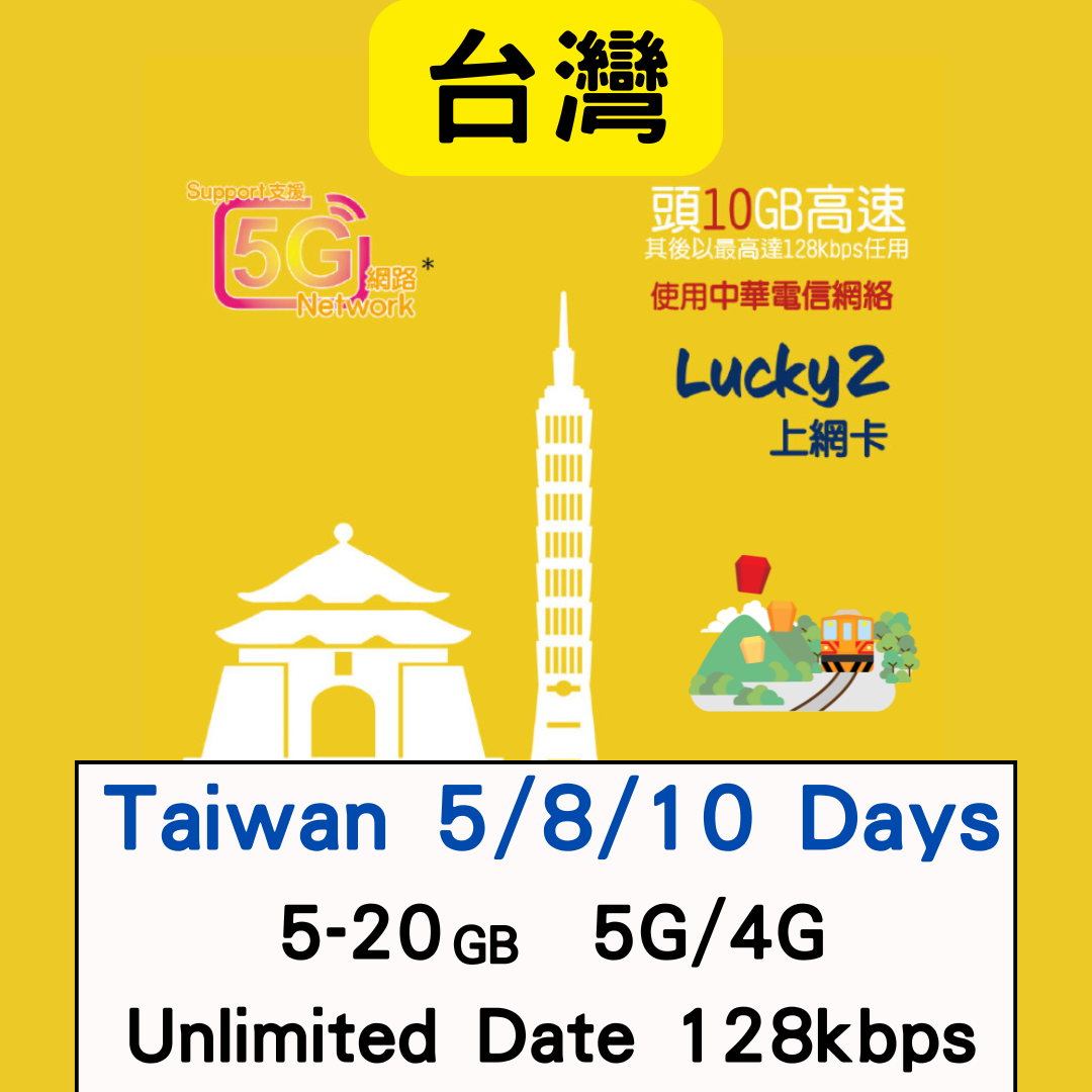 【Lucky2 eSIM】台灣5-10日 10-20GB數據卡 5G高速流量 其後最高達384kbps無限流量