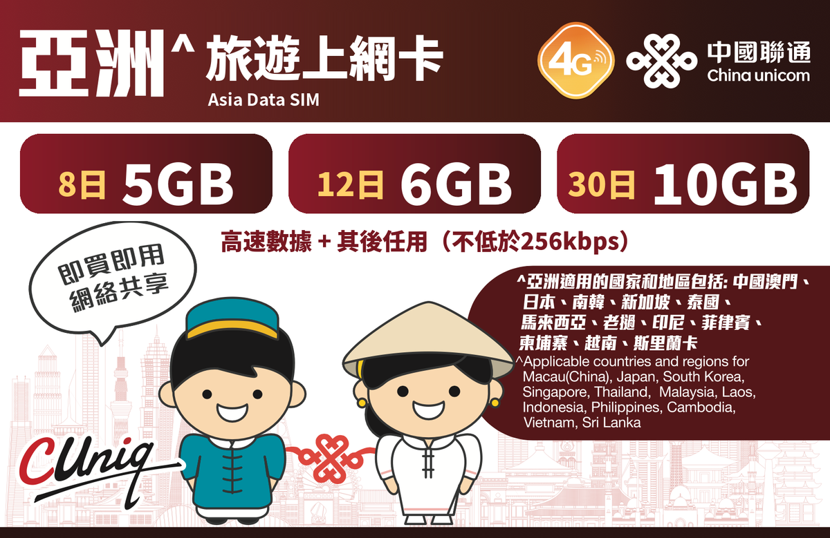 【聯通eSIM】亞洲日韓、東南亞 8日/12日/30日 5GB-10GB上網卡 降速無限數據 (包柬埔寨、斯里蘭卡、文萊等)