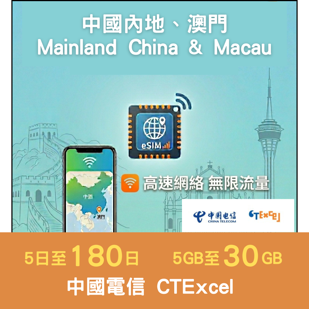【中澳eSIM】5-30GB高速流量+無限數據 最長180日 (中國電信香港 CTExcel)