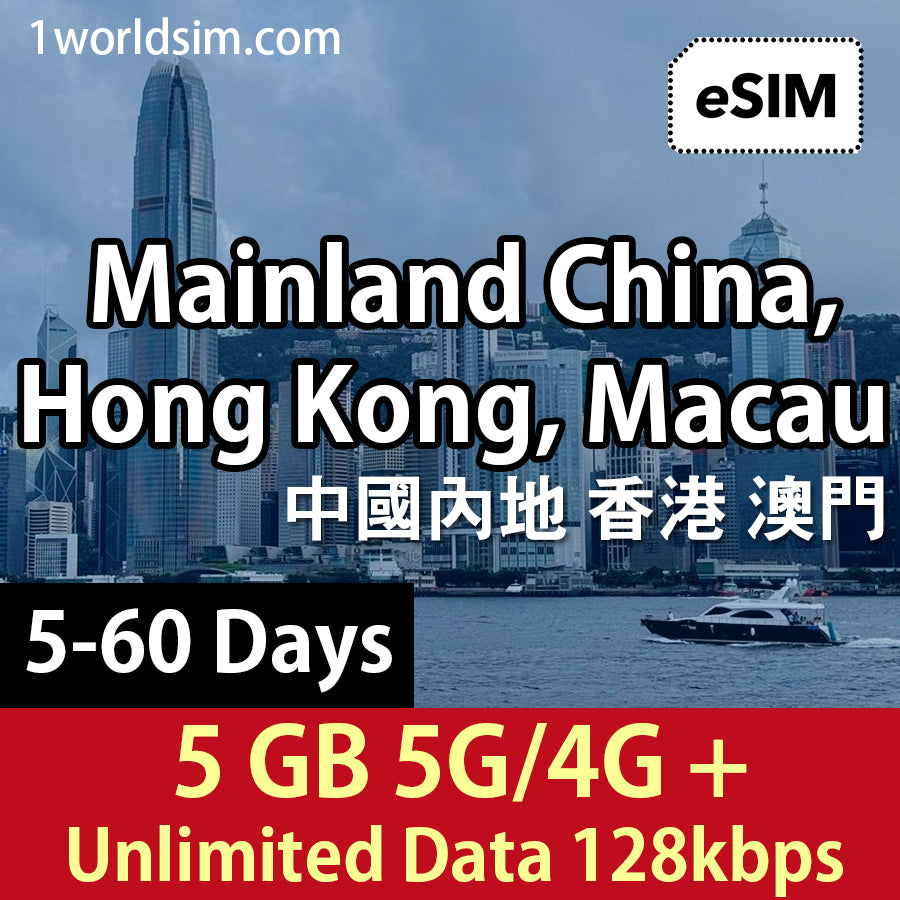 【中港澳5G旅遊eSIM】1GB-60GB高速流量+無限數據(中國移動)