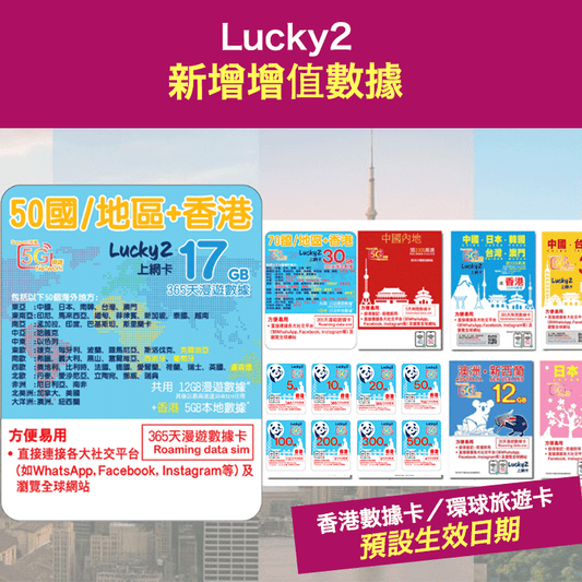 Lucky2 香港數據卡／環球旅遊卡 新增增值數據 (支援eSIM與實體卡)