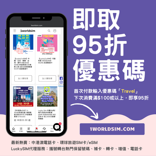 【95折優惠碼電話卡】全球旅遊SIM卡與eSIM專門網店1worldsim｜即日啟用、價格透明、支援環球多國