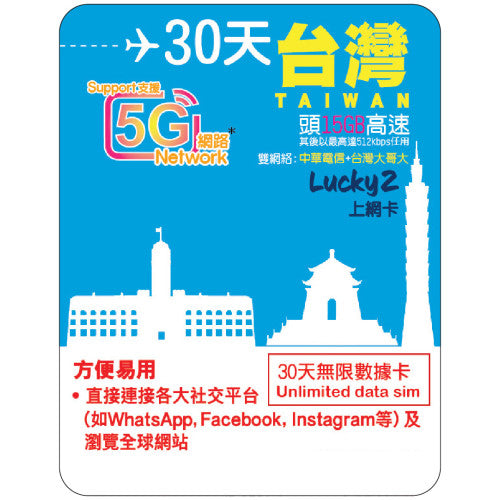 【Lucky2 eSIM】台灣5-30日 5-15GB數據卡 5G高速流量 其後最高達512kbps無限流量