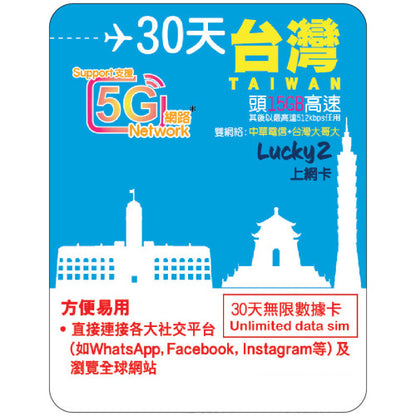 【Lucky2 eSIM】台灣5-30日 5-15GB數據卡 5G高速流量 其後最高達512kbps無限流量