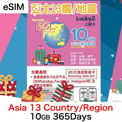 【Lucky2 eSIM】亞太13國/地區 365日 頭10GB其後512Kbps無限數據 Sim卡旅遊數據卡