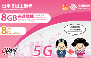 【聯通eSIM】日本8天8GB上網卡 其後降速512kbps無限流量 5G上網卡