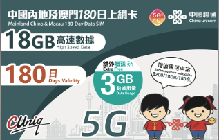【聯通eSIM】內地及澳門 180日 18GB上網卡 其後降速無限流量