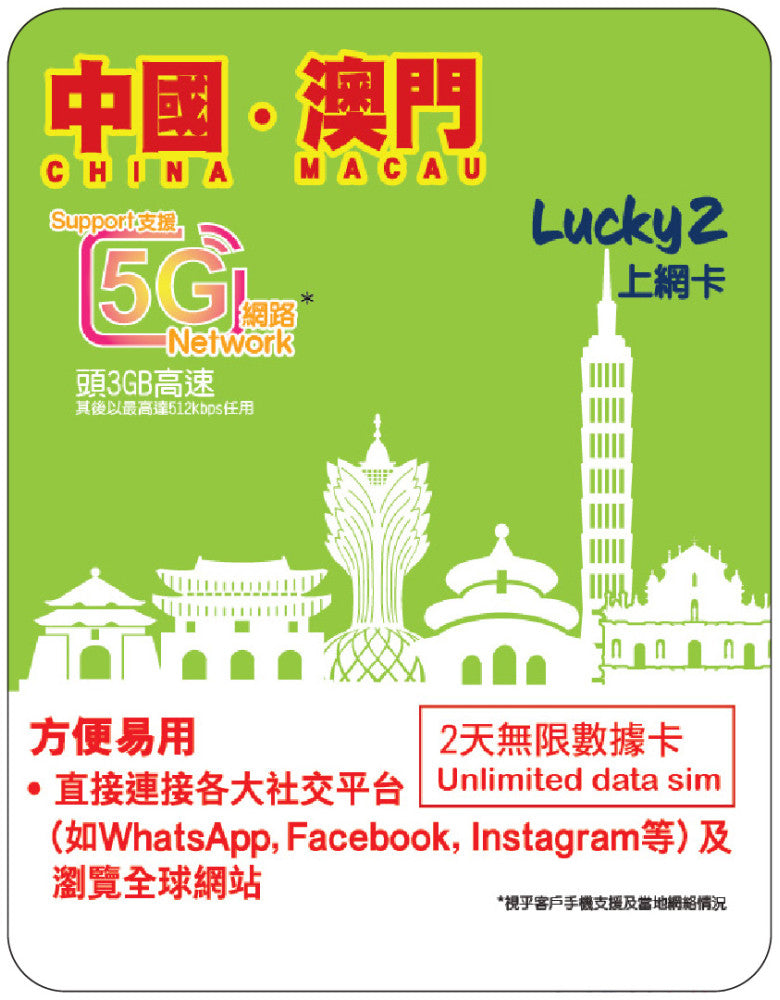 【Lucky2 eSIM】China/Taiwan/Macau 365-day 10-100GB data card with 5G high-speed data