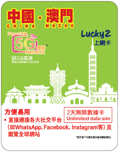 【Lucky2 eSIM】China/Taiwan/Macau 365-day 10-100GB data card with 5G high-speed data