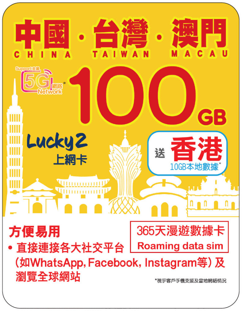 【Lucky2 eSIM】China/Taiwan/Macau 365-day 10-100GB data card with 5G high-speed data