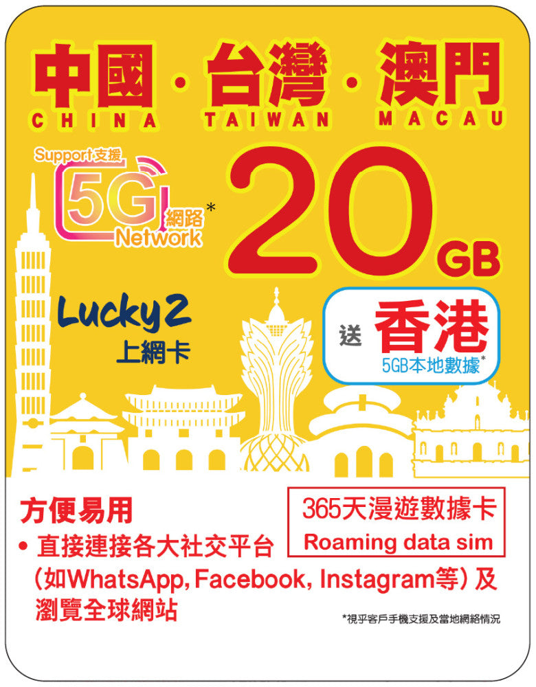 【Lucky2 eSIM】China/Taiwan/Macau 365-day 10-100GB data card with 5G high-speed data