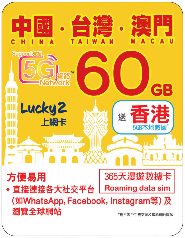 【Lucky2 eSIM】China/Taiwan/Macau 365-day 10-100GB data card with 5G high-speed data