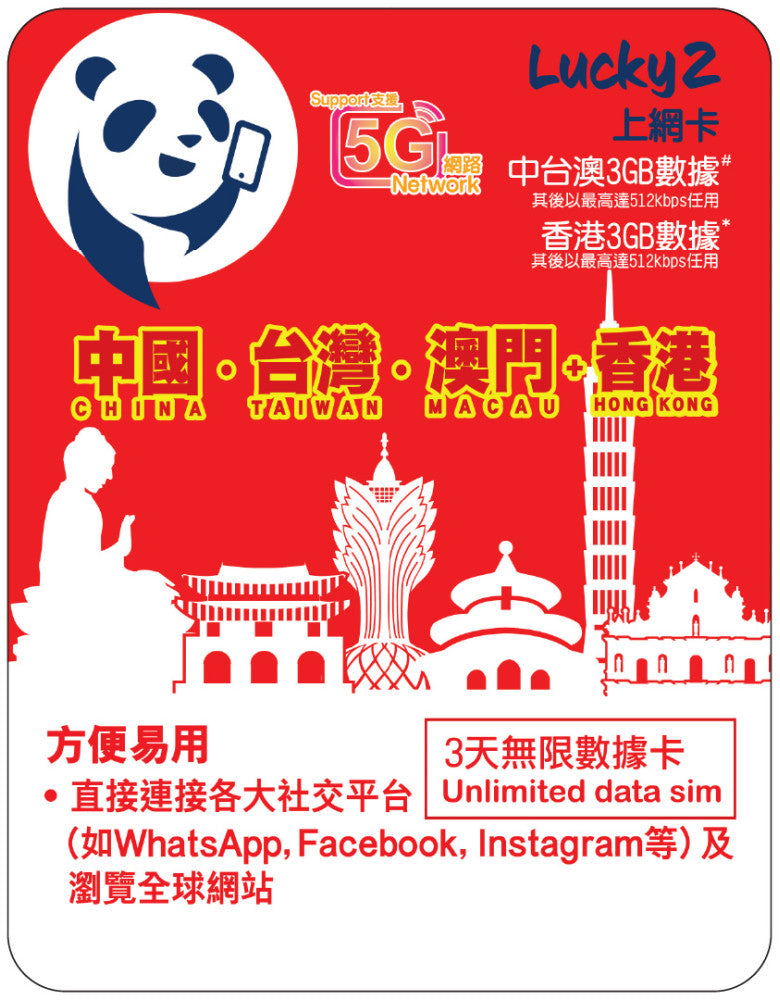 【Lucky2 eSIM】China/Taiwan/Macau 365-day 10-100GB data card with 5G high-speed data
