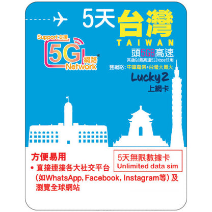 【Lucky2 eSIM】台灣5-30日 5-15GB數據卡 5G高速流量 其後最高達512kbps無限流量