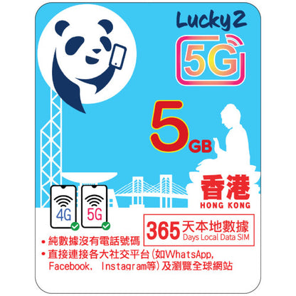 【Lucky2 eSIM】香港 1年/2年/3年/4年 5-500GB 5G上網數據卡