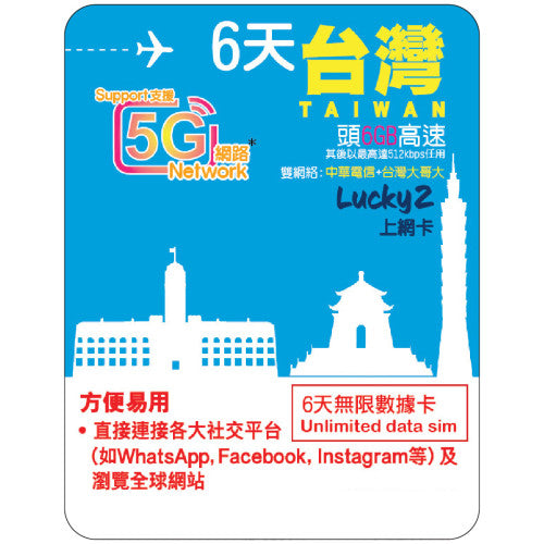 【Lucky2 eSIM】台灣5-30日 5-15GB數據卡 5G高速流量 其後最高達512kbps無限流量