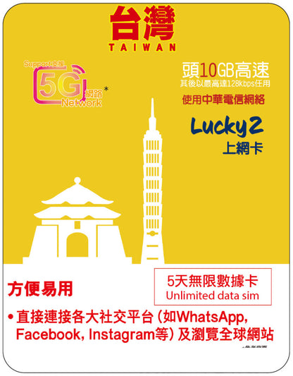 【Lucky2 eSIM】台灣5-30日 5-15GB數據卡 5G高速流量 其後最高達512kbps無限流量