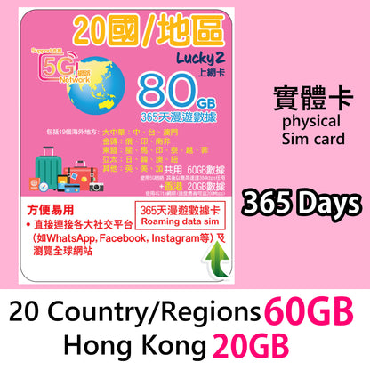 【Lucky2實體SIM】20國/地區 365日60GB + 香港20GB Sim卡旅遊數據卡