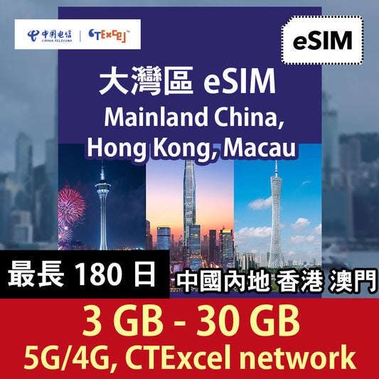 【中港澳eSIM】3-30GB高速流量+無限數據 最長180日 (中國電信香港 CTExcel)