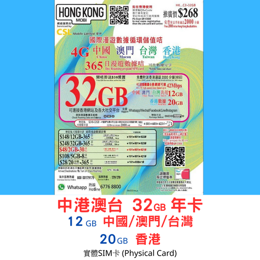 【HK MOBILE實體SIM】中港澳台32GB年卡  12GB中國/澳門/台灣共用數據 + 20GB香港數據
