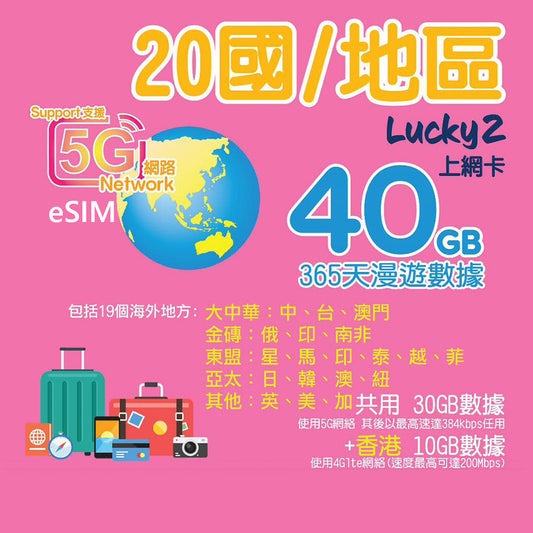 【Lucky2 eSim】20國/地區 365日30GB + 香港10GB數據卡 Sim卡旅遊數據卡