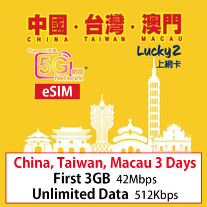 【Lucky2 eSIM】中國、台灣、澳門3地3日無限數據卡 頭3GB高速其後512Kbps無限 香港數據3GB  旅遊數據卡