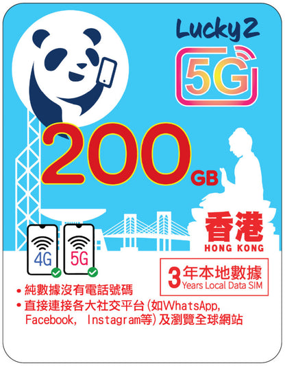 【Lucky2 eSIM】香港 1年/2年/3年/4年 5-500GB 5G上網數據卡