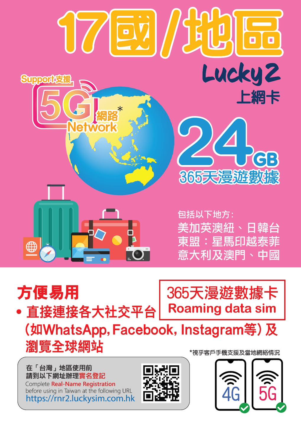【Lucky2 eSIM】17國/地區 365日24GB 5G/4G 旅遊數據卡