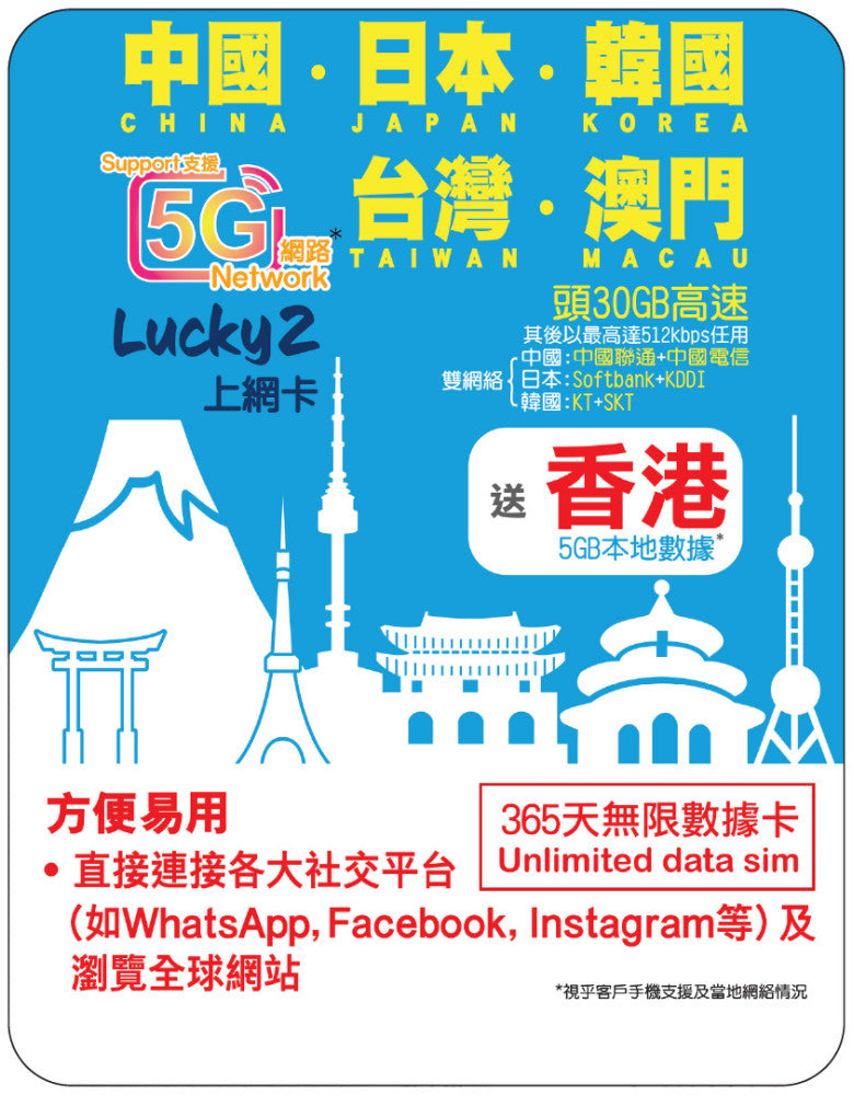 Lucky2 China, Japan, South Korea, Taiwan, Macau 365 days 30GB then downgraded to 512K unlimited Internet data card physical SIM card travel data card