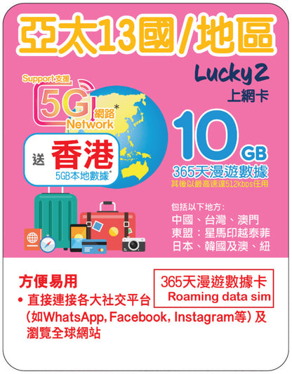 【Lucky2 eSIM】亞太13國/地區 365日 頭10GB其後512Kbps無限數據 免費送5GB香港本地數據！Sim卡旅遊數據卡