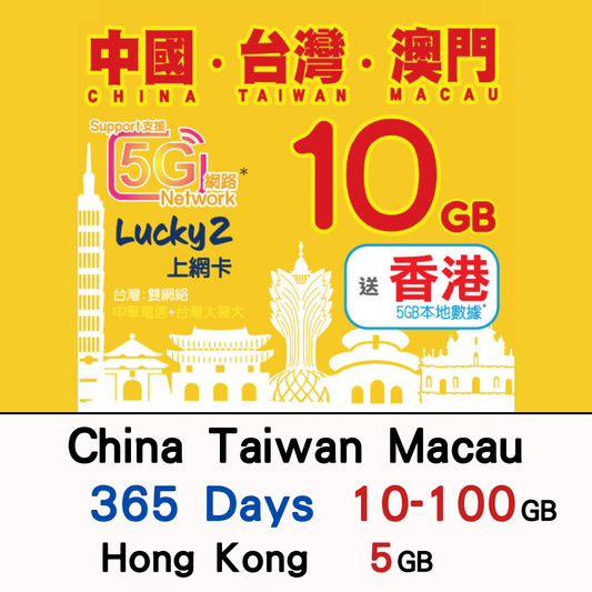 【Lucky2 eSIM】中國/台灣/澳門 365日 10-100GB數據卡 5G高速流量