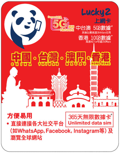 【Lucky2 eSIM】中國、台灣、澳門365日頭5GB高速 其他384Kbps無限數據 + 香港10GB數據卡 Sim卡旅遊數據卡