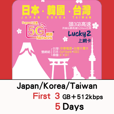 【Lucky2 eSIM】日本/韓國/台灣 5天 頭3GB其後512Kbps無限數據 旅遊上網卡