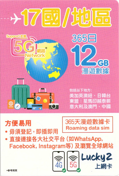 【Lucky2 eSim】17國/地區 365日12GB 5G/4G 旅遊數據卡