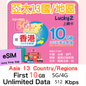 【Lucky2 eSIM】亞太13國/地區 365日 頭10GB其後512Kbps無限數據 免費送5GB香港本地數據！Sim卡旅遊數據卡