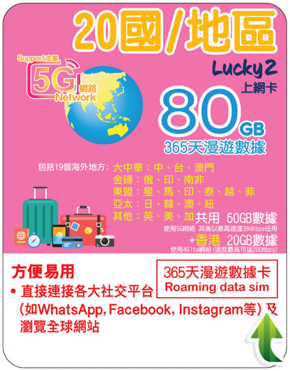 【Lucky2 eSIM】20 countries/regions 365 days 30GB + Hong Kong 10GB data card Sim card travel data card