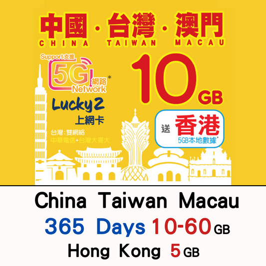 【Lucky2 eSIM】中國/台灣/澳門 365日 10-60GB數據卡 5G高速流量