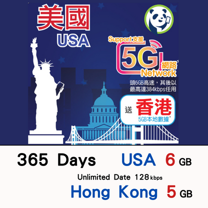 【Lucky2 eSIM】美國365日 6GB數據卡 頭6GB其後384Kbps無限數據 + 香港5GB數據卡 5G上網卡 旅遊數據卡