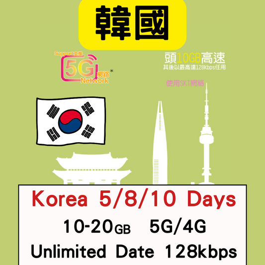 【Lucky2 eSIM】韓國5-10日 10-20GB數據卡 5G高速流量 其後最高達384kbps無限流量