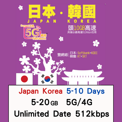 【Lucky2 eSIM】日本+韓國5-10日 10-20GB數據卡 5G高速流量 其後最高達512kbps無限流量