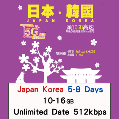 【Lucky2 eSIM】日本+韓國5日-8日 10GB-16GB數據卡 5G高速流量 其後最高達512kbps無限流量