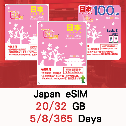 【Lucky2 eSIM】日本5天/8天/1年 20-100GB數據卡 5G旅遊數據卡