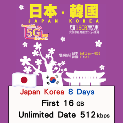 【Lucky2 eSIM】日本、韓國8天16GB數據卡 頭16GB高速其後512Kbps無限數據 旅遊數據卡