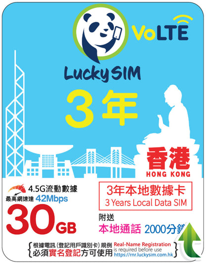 【LuckySIM eSIM】3 years 30GB + 2000 minutes | Retains Hong Kong phone number, recommends free global SMS reception, Hong Kong local data card