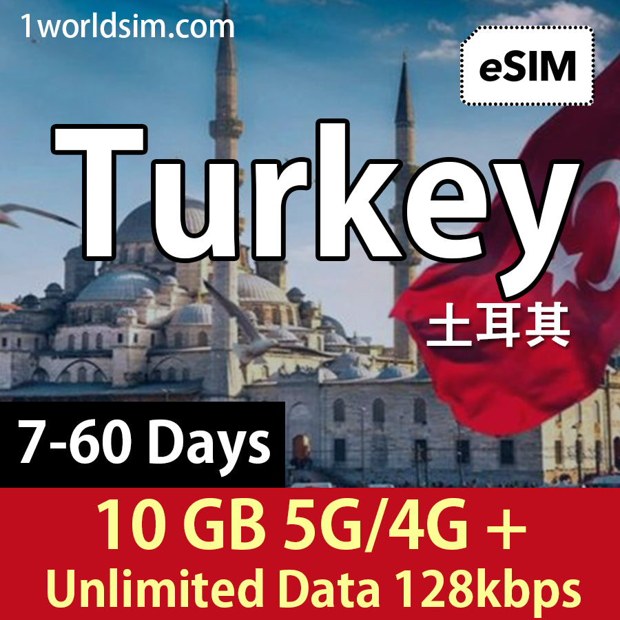 【土耳其 5G eSIM】3GB-60GB高速流量+無限數據